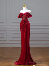 Burgundy Mermaid Velvet Sequins Prom Dress